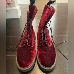 Cranberry Velvet Lace-Up Boots